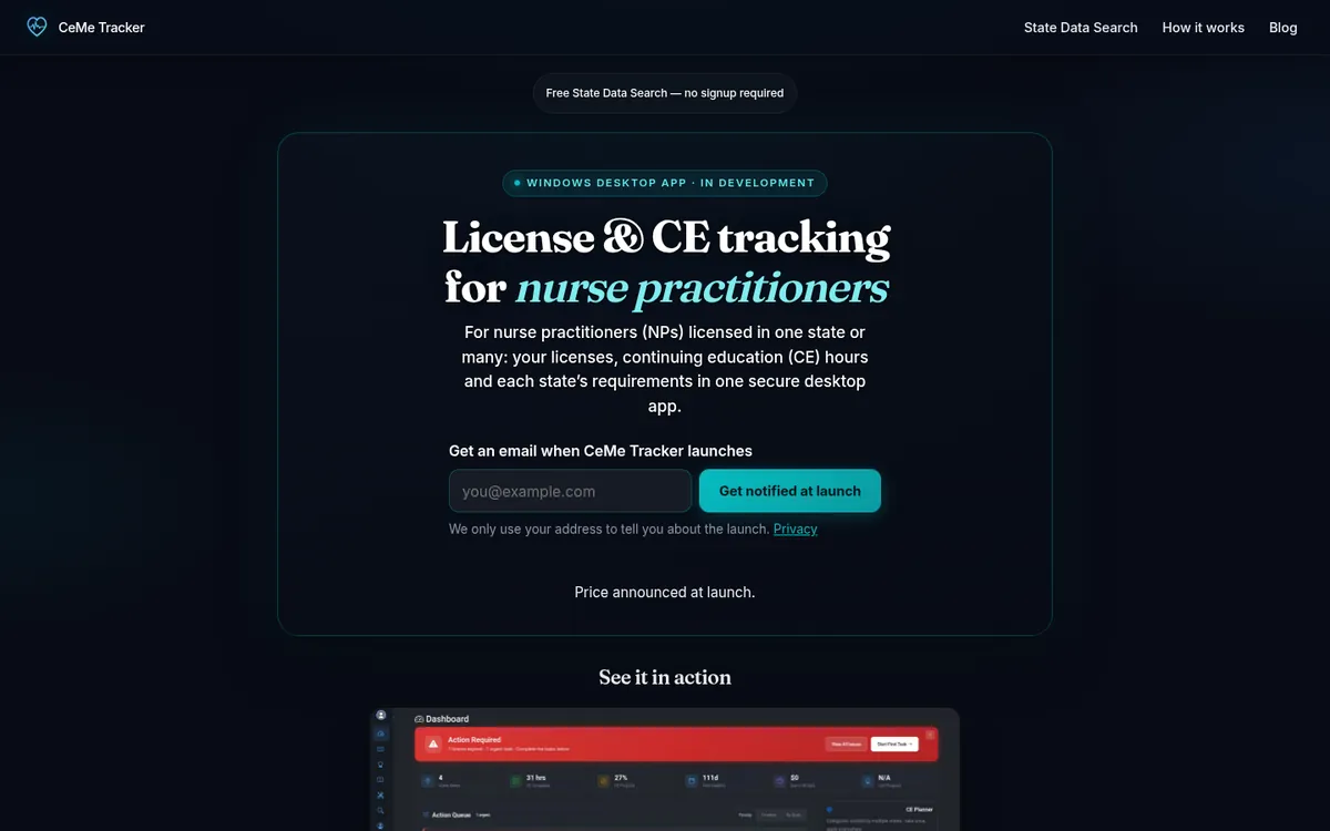 CeMe Tracker home page announcing the Windows license and CE tracking app for nurse practitioners