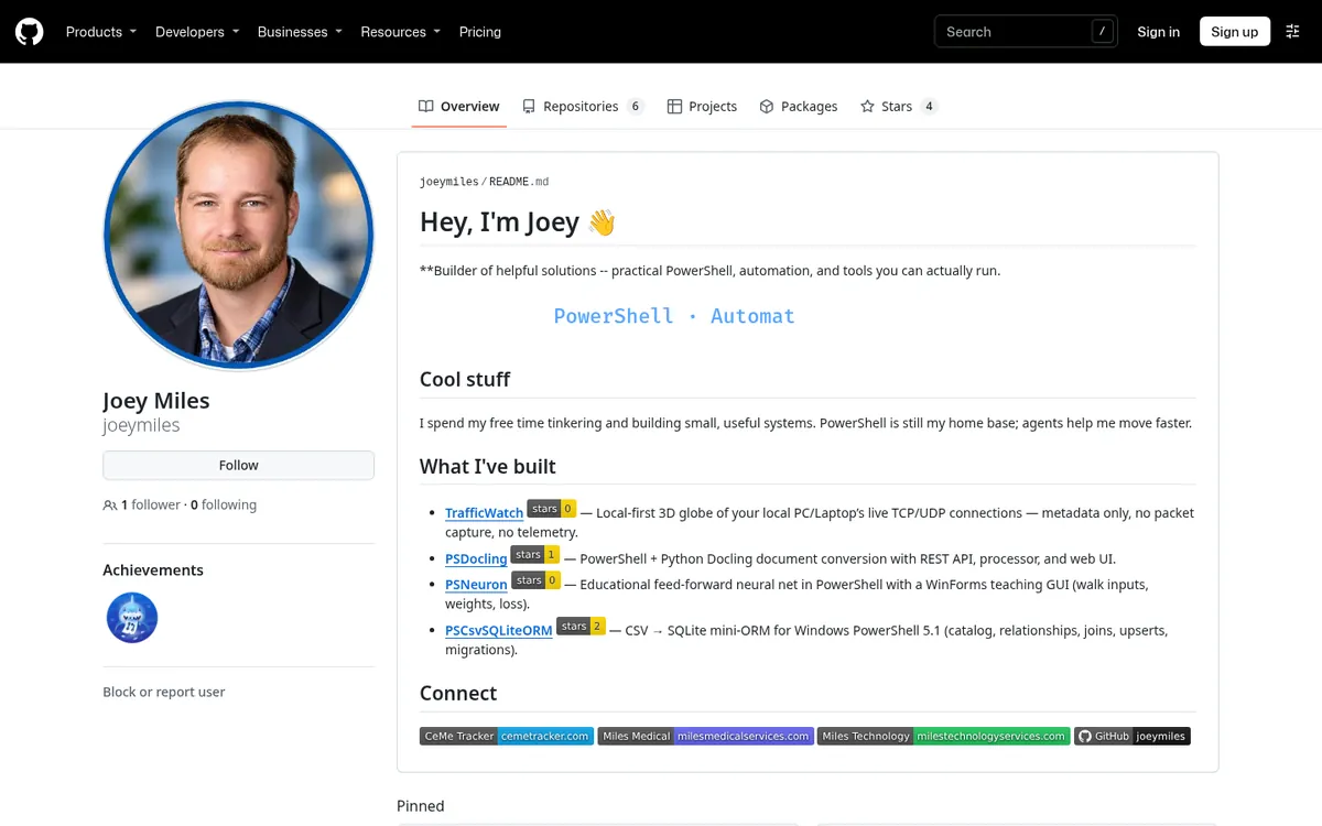 Joey Miles GitHub profile listing TrafficWatch, PSDocling, PSNeuron and PSCsvSQLiteORM