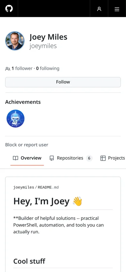 Joey Miles GitHub profile on a phone
