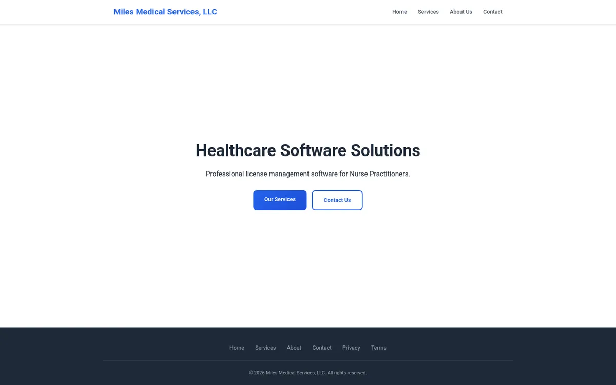 Miles Medical Services home page headed Healthcare Software Solutions