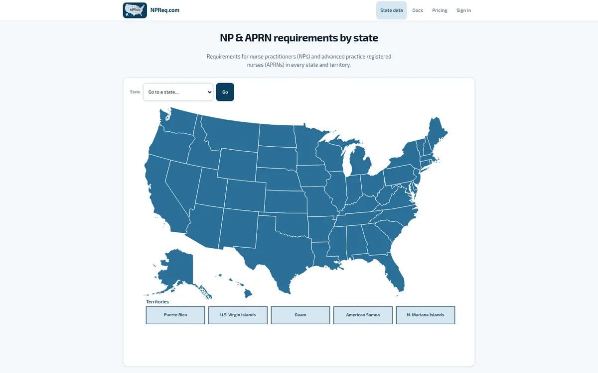 NPReq.com home page with a clickable U.S. map for looking up nurse practitioner requirements by state